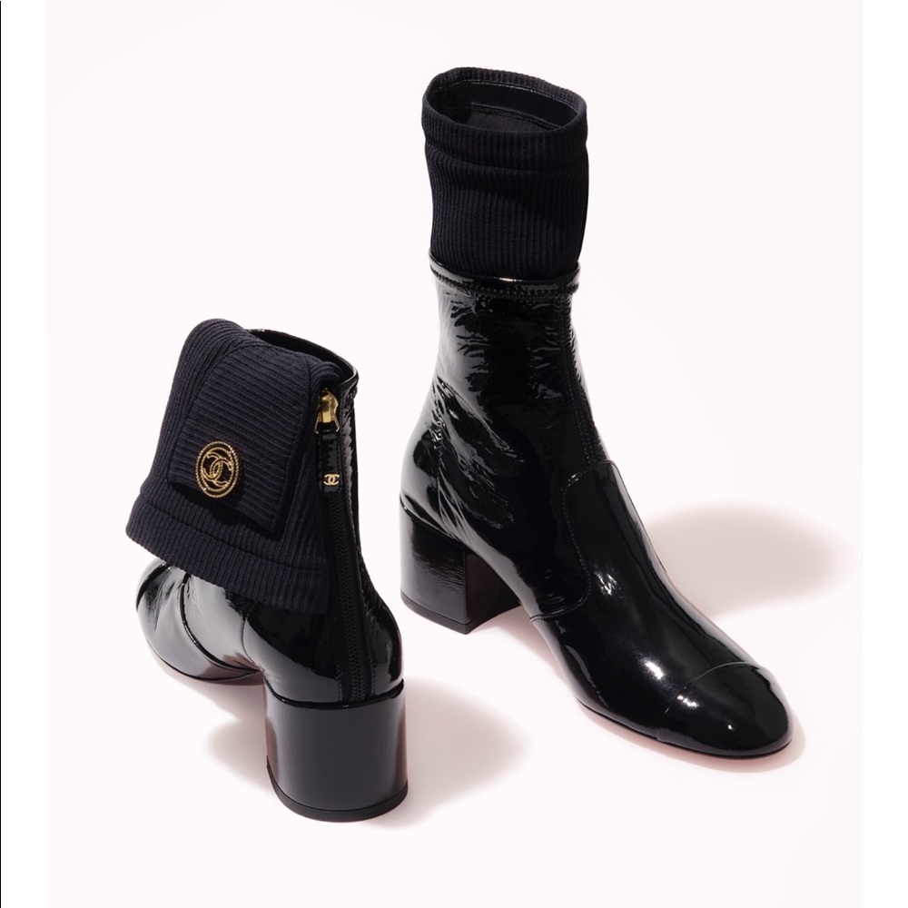 One of a kind patent lamb skin leather Chanel ankle boots with removable sock. - Picture 3 of 5